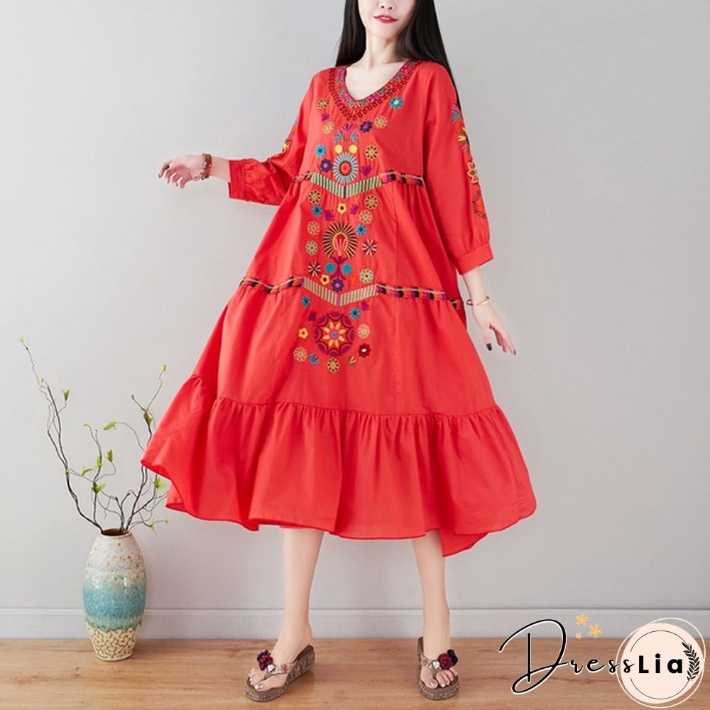 Women Dress Midi Linen Ethnic Floral Embroidery Tunic Beach Boho Holiday Hippie