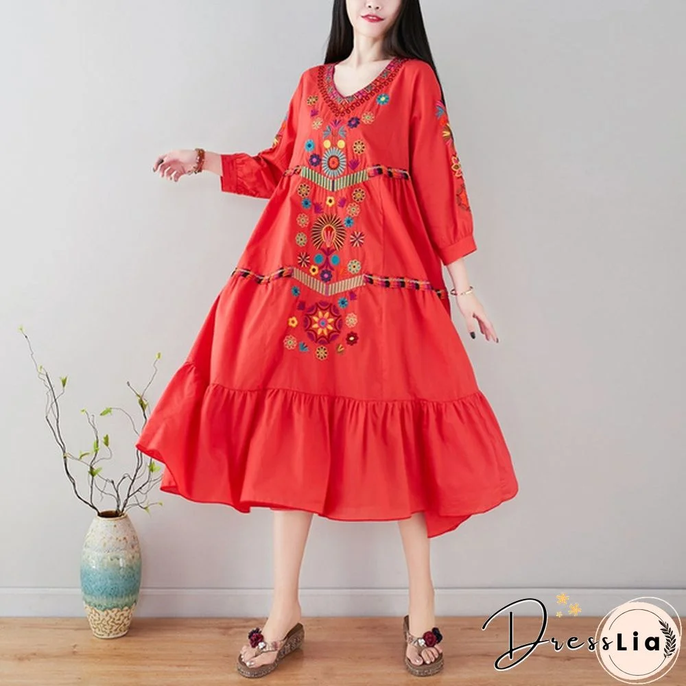 Women Dress Midi Linen Ethnic Floral Embroidery Tunic Beach Boho Holiday Hippie