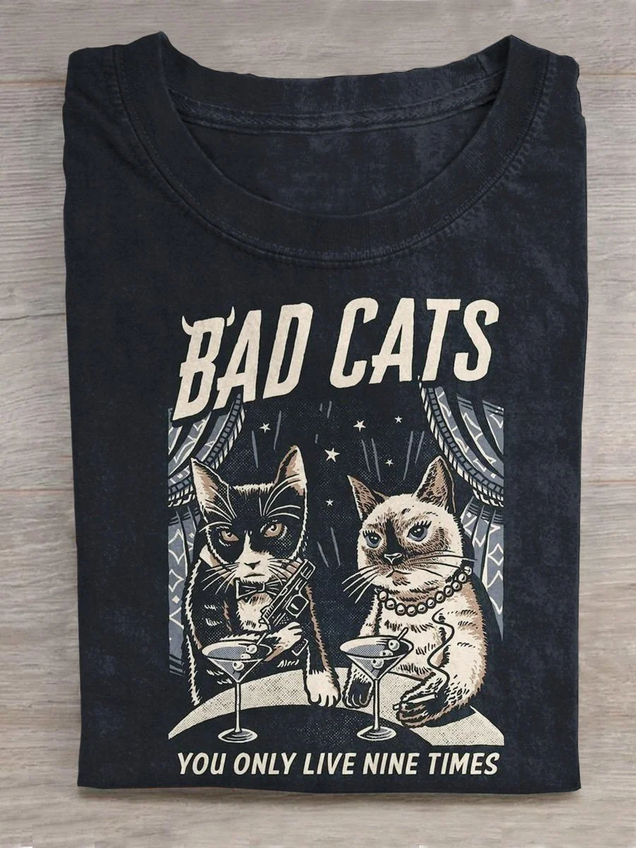 Eagerlys Funny Bad Cats You Only Live Nine Times Art Print Casual T-shirt Eagerlys