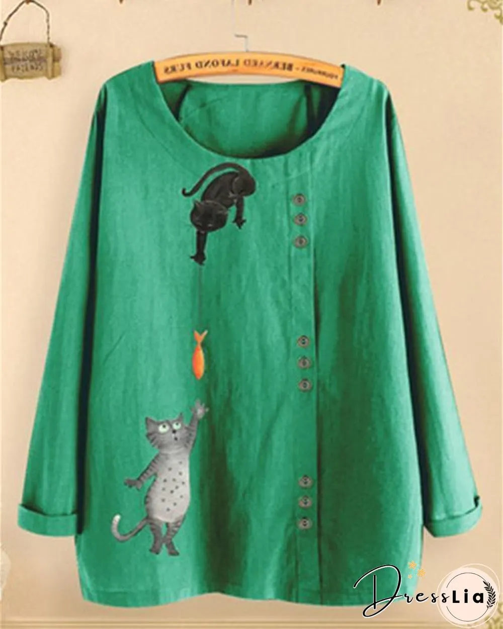 Round Neck Long Sleeve Cartoon Printed Blouses Tops