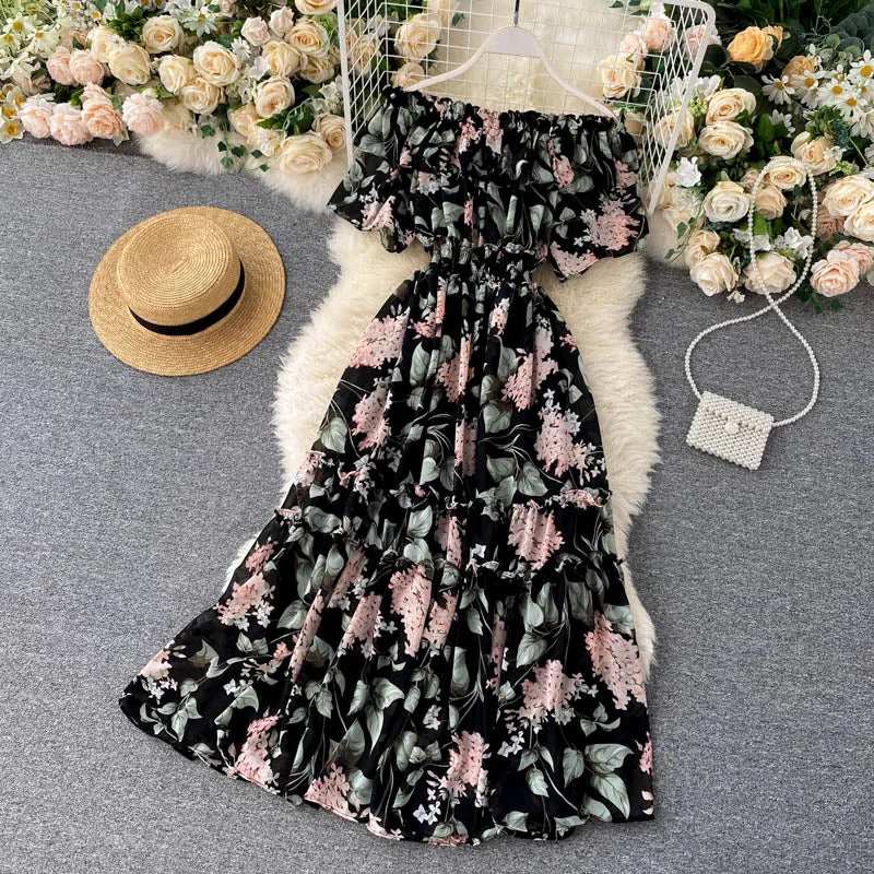 Croysier Sexy Off Shoulder Dress Summer Women Short Sleeve Ruffle Elegant Chiffon Midi Dress Floral Print Beach Dress Vacation