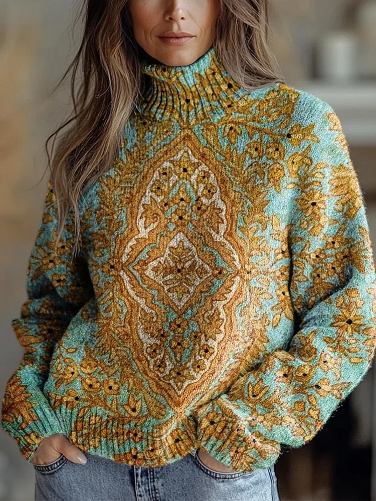 Women's Lovely Floral Art Print Knit Turtleneck Pullover Sweater