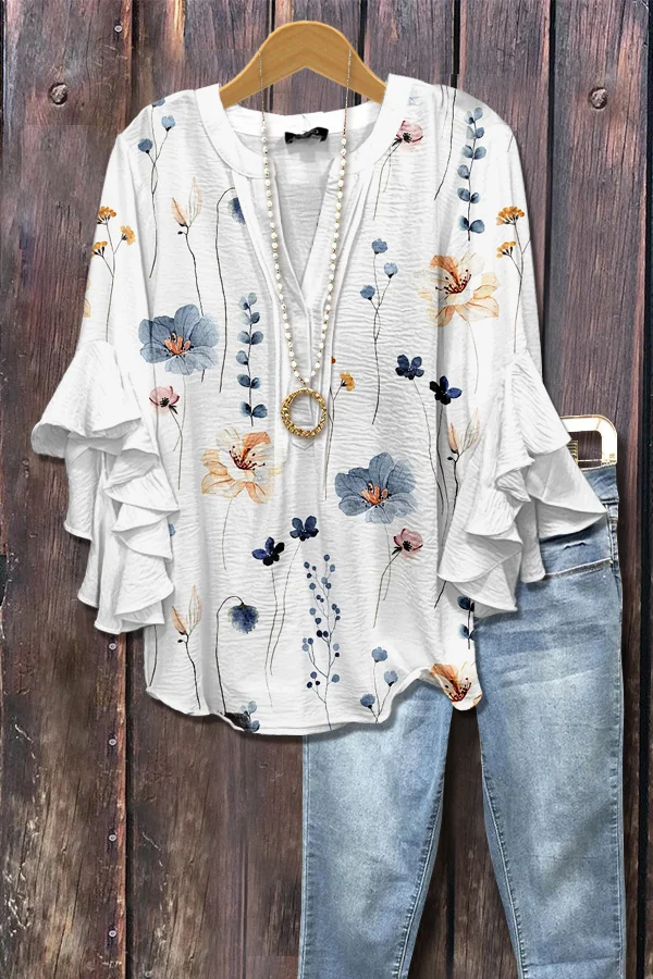 Elegant Floral Print Ruffle Sleeve Top