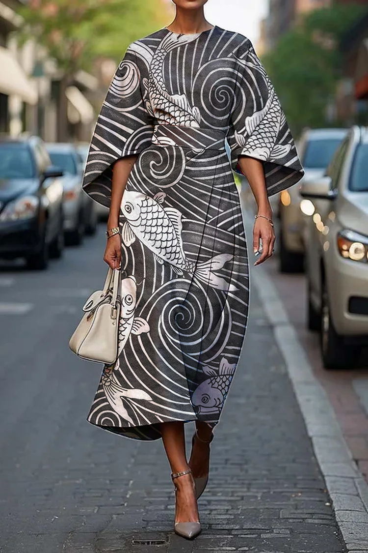 Women's Vintage Elegant Japanese Fish Print Midi Dress