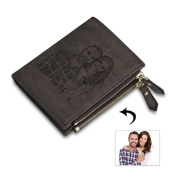 Men Short Wallet With Zipper Personalized Photo Wallet With Engraving Brown Leather