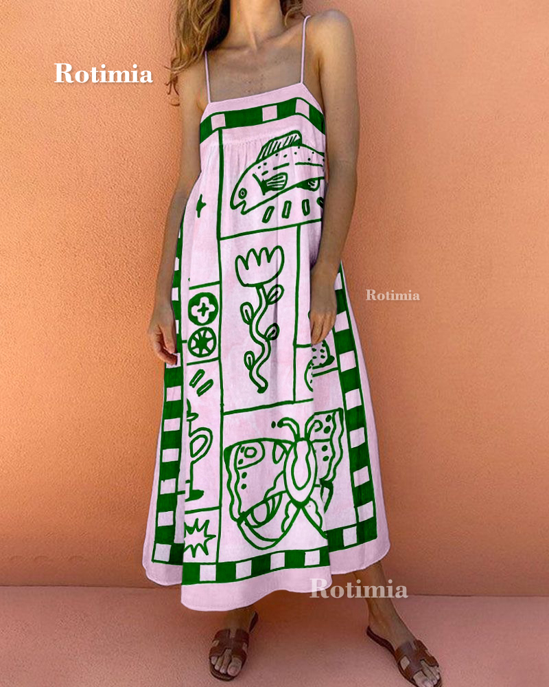 Vintage Green Print Suspender Dress