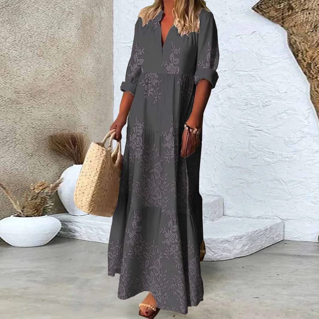 Women Ethnic, Grey, Flowers DZDN0479 SPU Printed Long Sleeve V-neck Maxi Dress