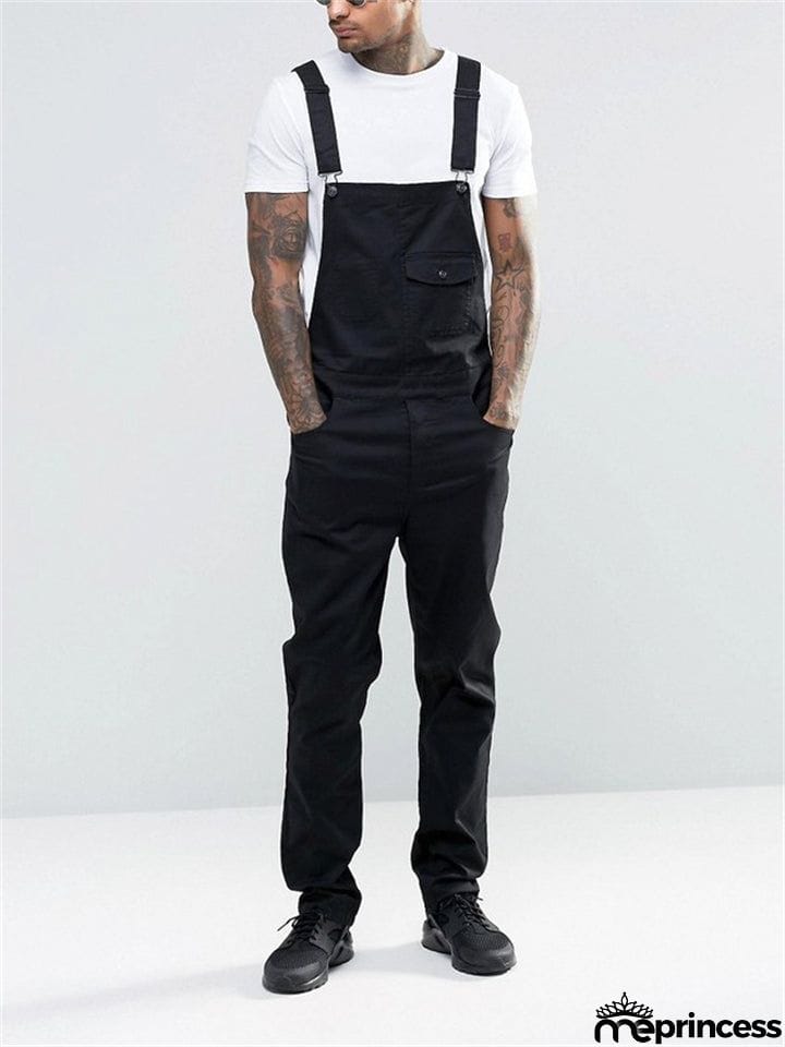 Men's Slim Trendy Solid Color Denim Overalls Jumpsuits