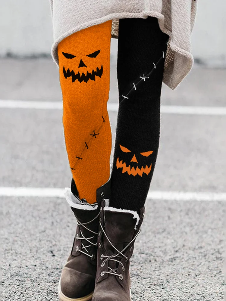 Halloween Pumpkin Face Contrast Color Leggings