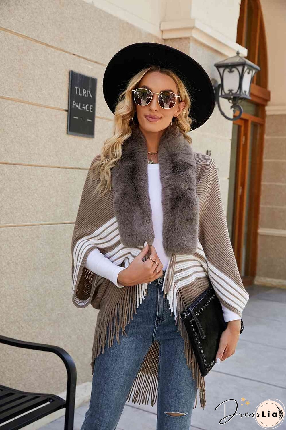 Striped Fringe Detail Long Sleeve Poncho