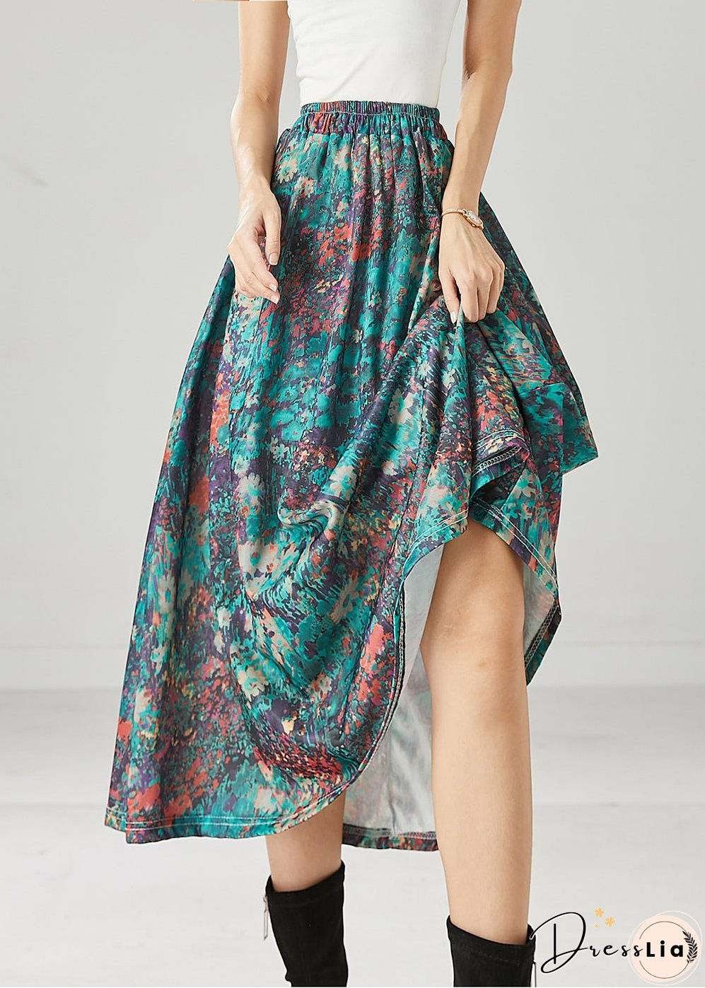 Unique Green Print Exra Large Hem Cotton Skirts Spring