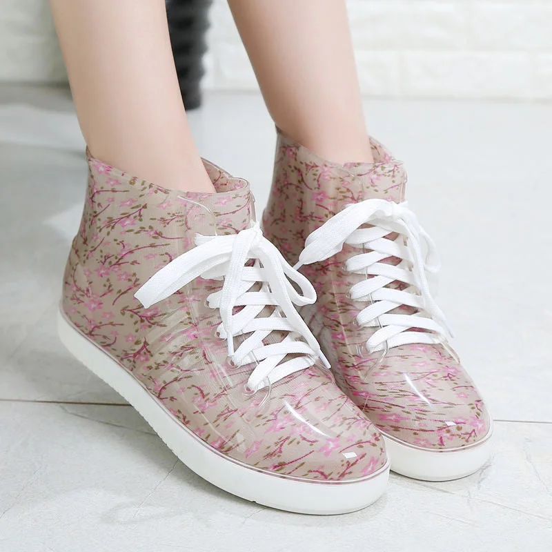 Leopard Women's Rainshoes Waterproof Non-Slip Flat Rubber Shoes Women Rain Boots Short Tube Lace Up Velvet Warmer Winter Boots