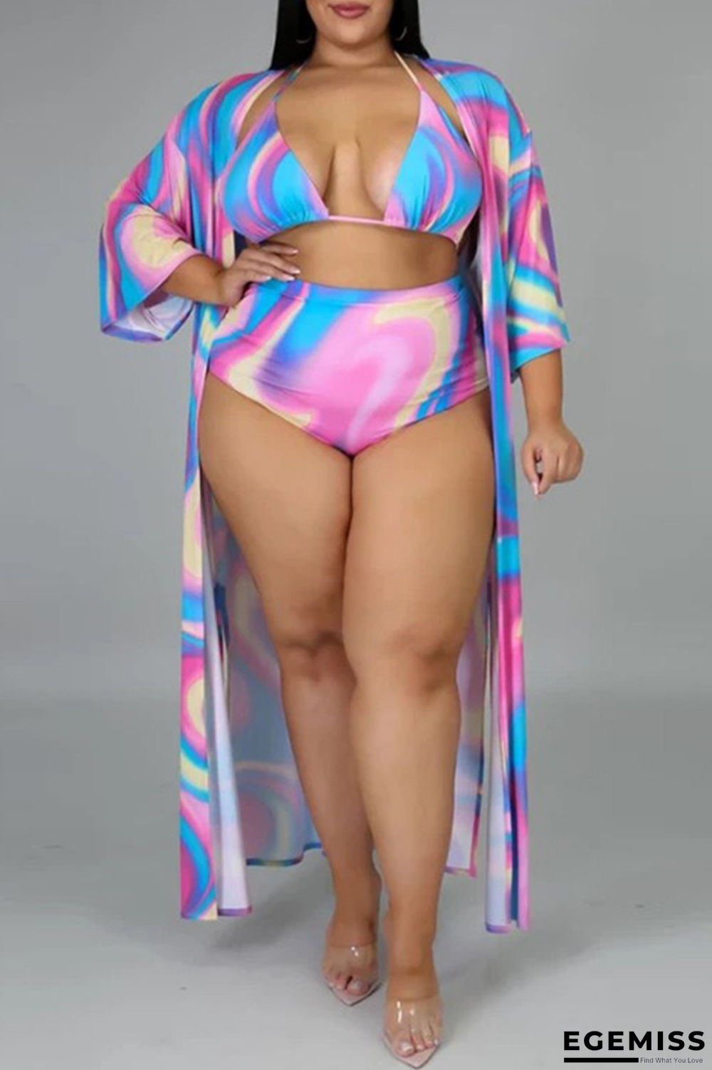 Colour Sexy Patchwork Tie-dye Spaghetti Strap Plus Size Swimwear | EGEMISS