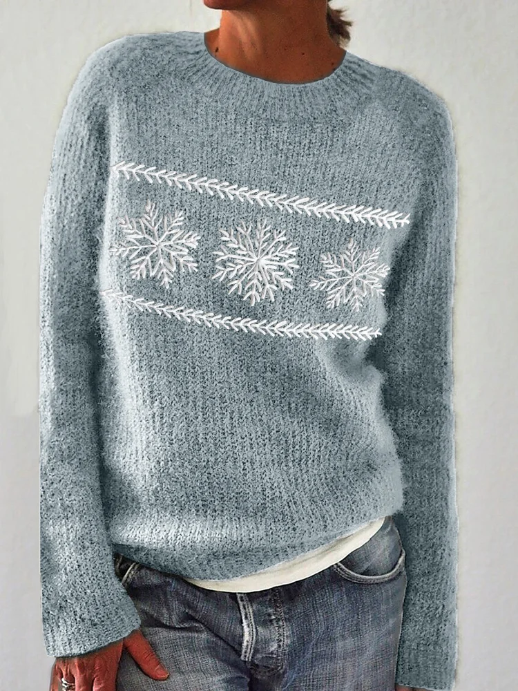 Snowflakes Embroidery Art Cozy Knit Sweater