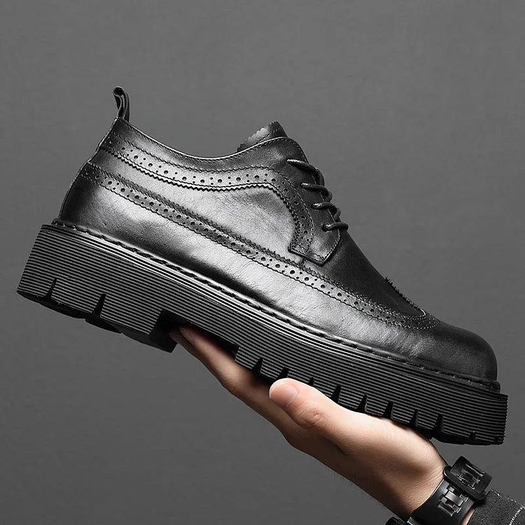 Indo Western Shoes Autumn Men's Leather Shoes Cowhide Platform Height Increasing British Style Casual Brogue Business Men's Shoes