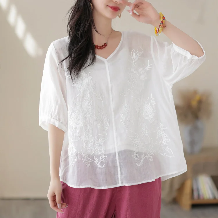 Women Summer Linen Retro Embroidery Casual T-Shirt