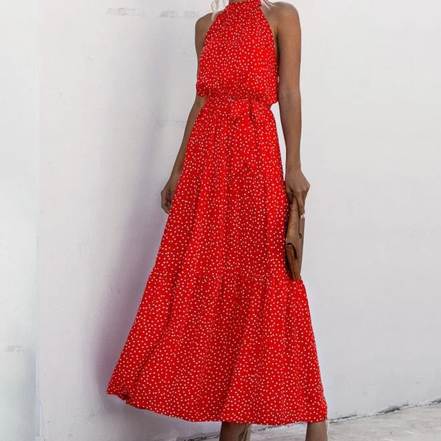 Summer Elegant Sexy Long Dress Women 2020 Fashion Print Flowers Polka-dot Strap Ladies Halter Boho Dress Cotton Vestidos Clothes
