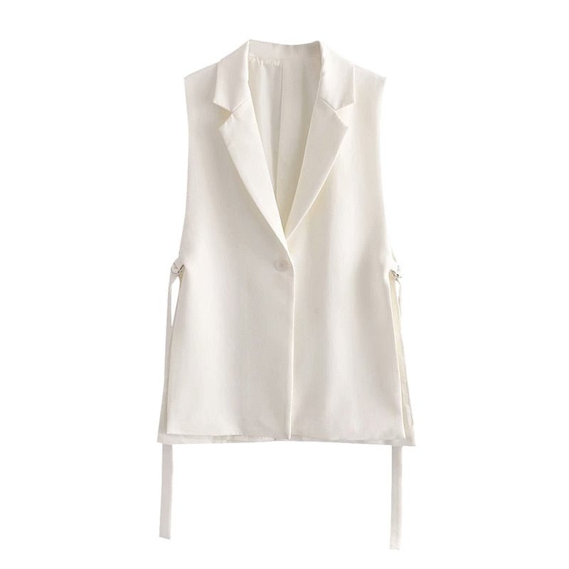 TRAF Women Fashion With Tabs Single Button Office Wear Waistcoat Vintage Sleeveless Side Vents Female Vest Coat Chic Veste