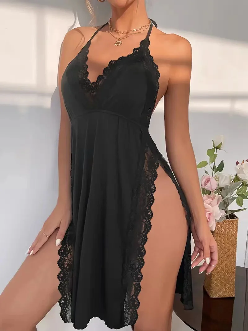 Mongw Mongw Selling Sexy Pajamas Hanging Neck Sleeping Dress Show Back Large Size Suit Open Fork Home Clothing Source Factory
