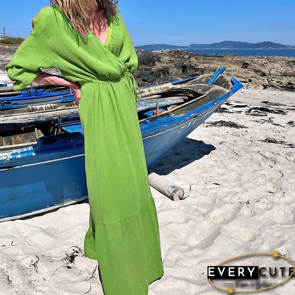 Elegant Casual Solid A-Line Maxi Dress Women Fashion Long Sleeve Drawstring Waist Dress Autumn V-Neck Soft Draped Beach Dresses