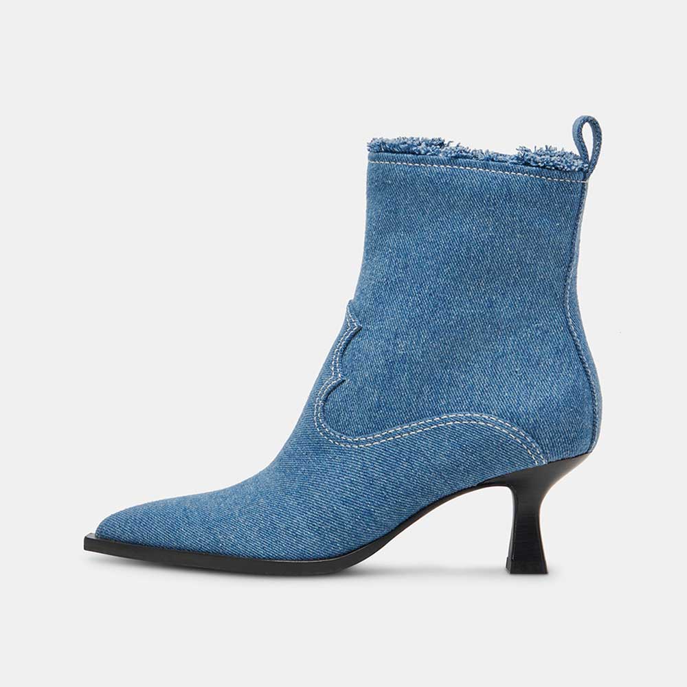 Blue Denim Pointed Toe Raw Edges Western Ankle Boots with Spool Heel
