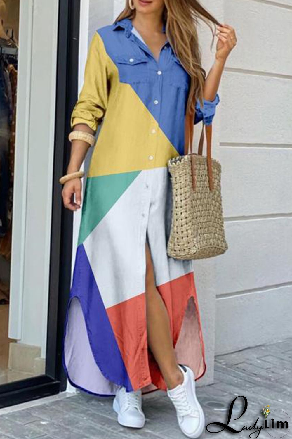 Cream White Fashion Casual Print Slit Turndown Collar Shirt Dress