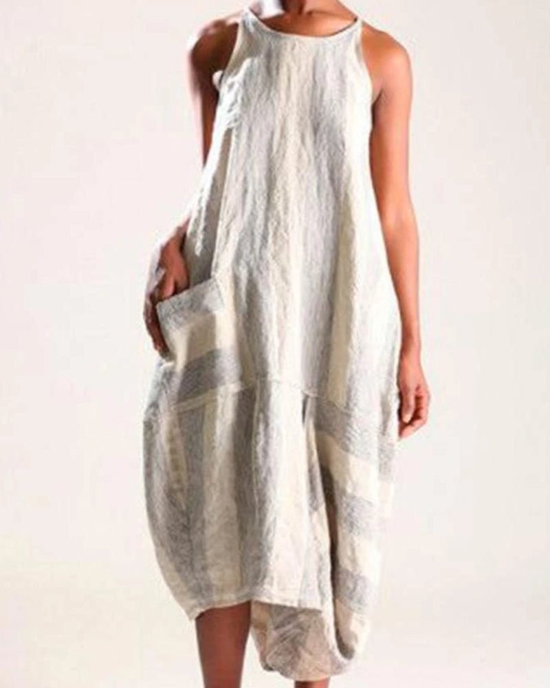 Casual Linen Striped Ladies Pocket Dress