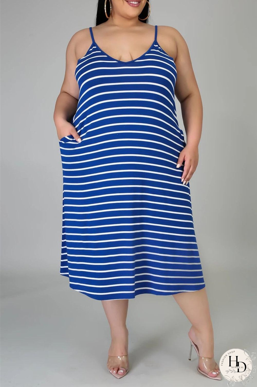 Deep Blue Sexy Casual Plus Size Striped Print Backless Spaghetti Strap Sleeveless Dress