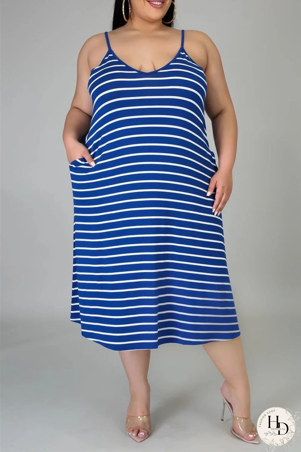 Deep Blue Sexy Casual Plus Size Striped Print Backless Spaghetti Strap Sleeveless Dress