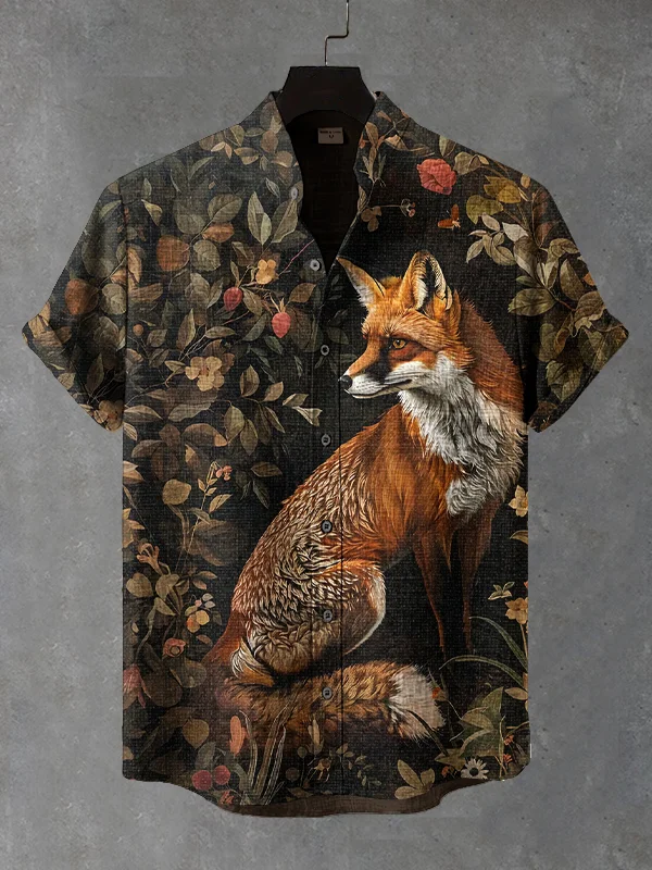 Men's Fox Vintage Country Floral Art Print Casual Shirt