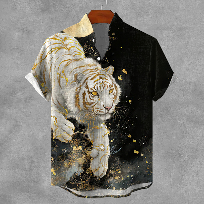 Men's Vintage Tiger Japanese Art Print Button Casaul Shirt  artssus