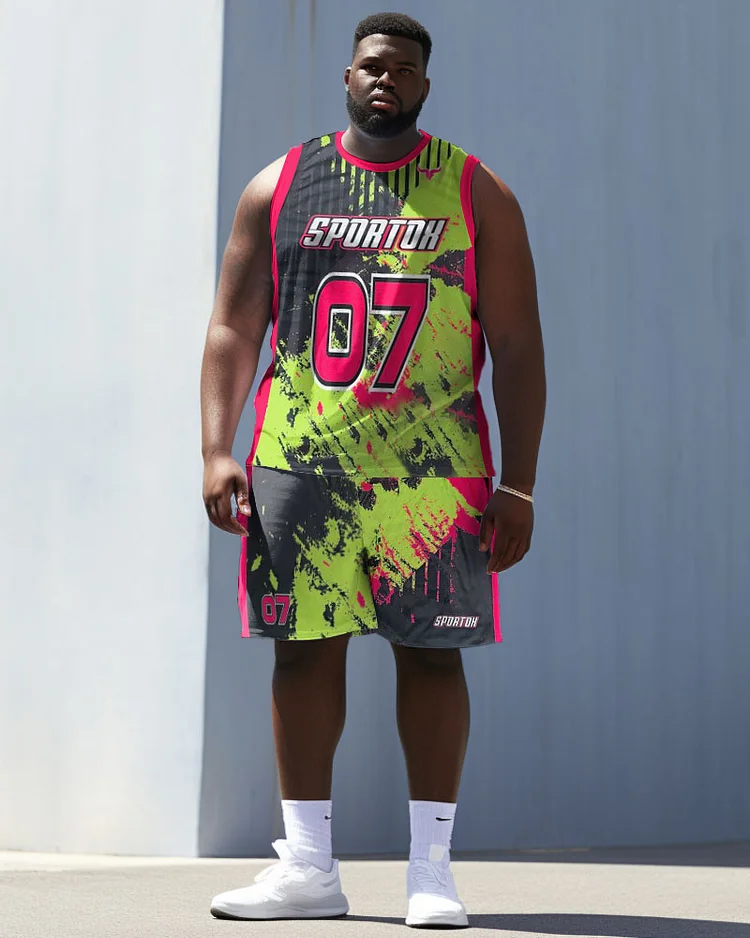 Men's Large Size Tie Dye Street Basketball Vest Sports Two Piece Set