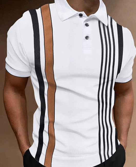 Classic Striped Print Lapel Collar Short Sleeve Button Polo Shirt Okaywear