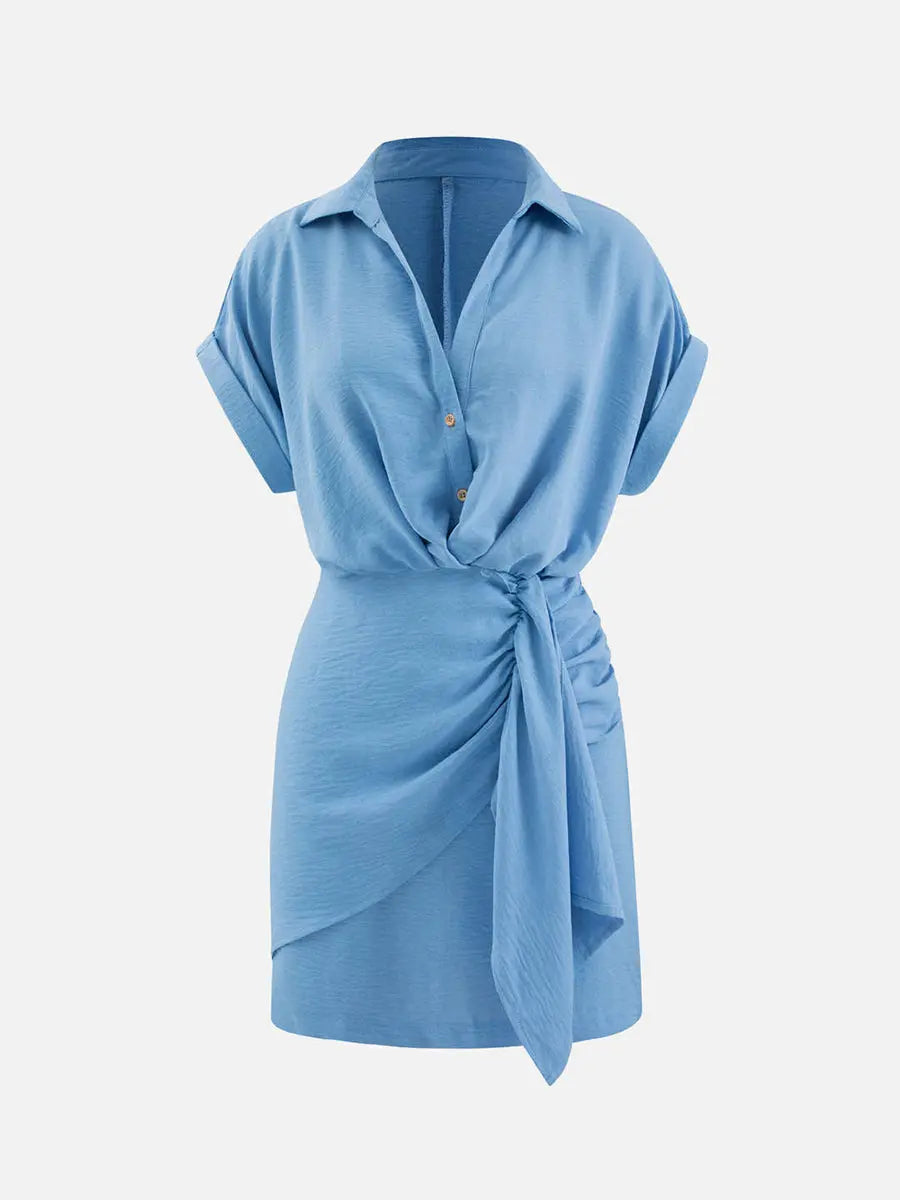 Turndown Collar Roll Up Sleeve Wrinkle Short Dress