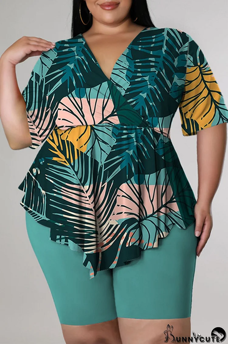 Green Fashion Casual Print Asymmetrical V Neck Plus Size Two Pieces