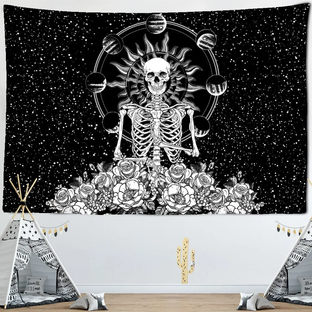 Skeleton Starry Sky Tapestry Wall Hanging Star Magic Astrology Psychedelic Polyester Carpet Bohemian Style Decor