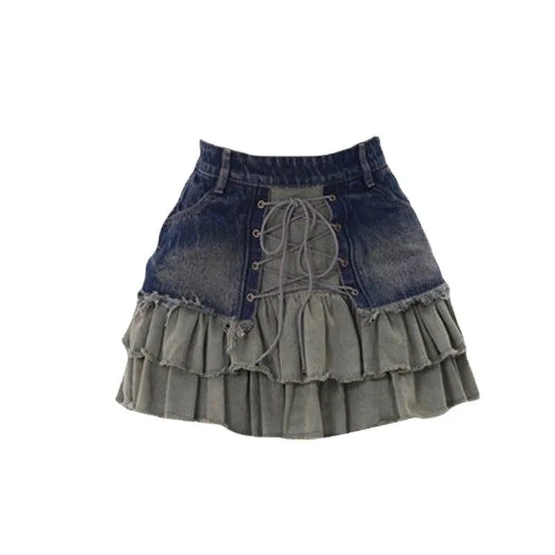 Huibahe Y2k Vintage Denim Skirt Women High Waist A-line Patchwork Korean Fashion Bandage Ruffles Jeans Mini Skirt Summer Grunge