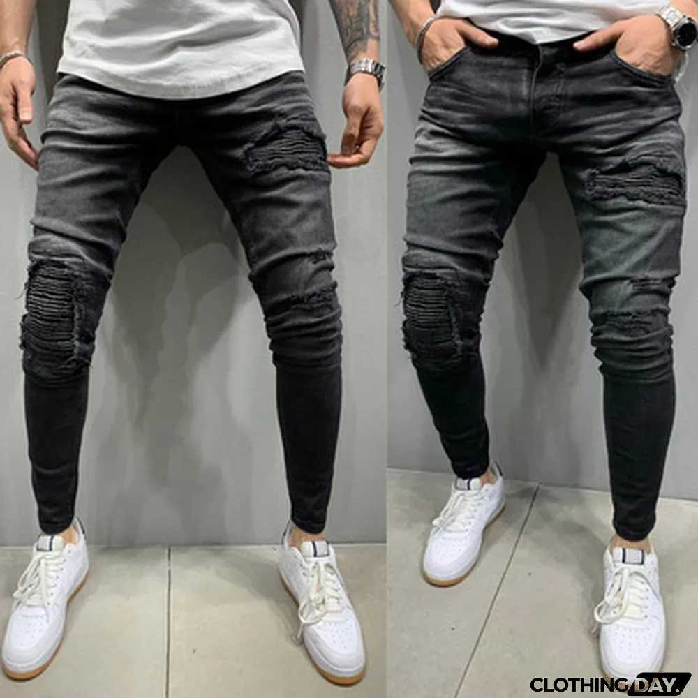 Men's Biker Ruffled Skinny Stretch Jeans