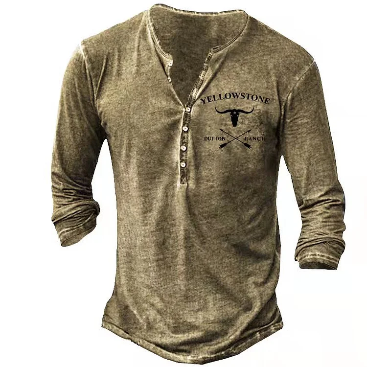 Men's Vintage Western Cowboy Henley Shirt a808