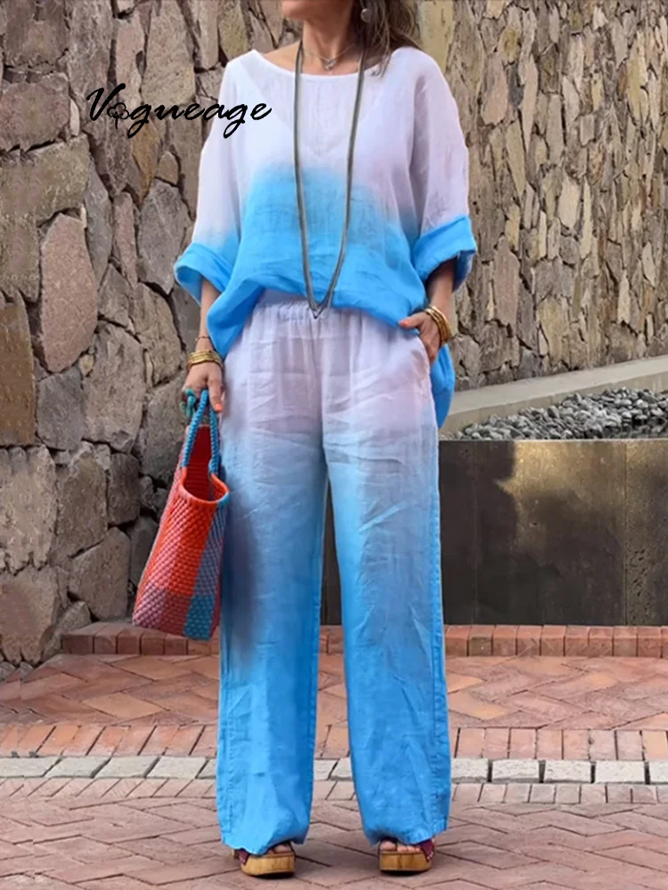Fashionable Gradient Women's Cotton And Linen Two-Piece Suit
