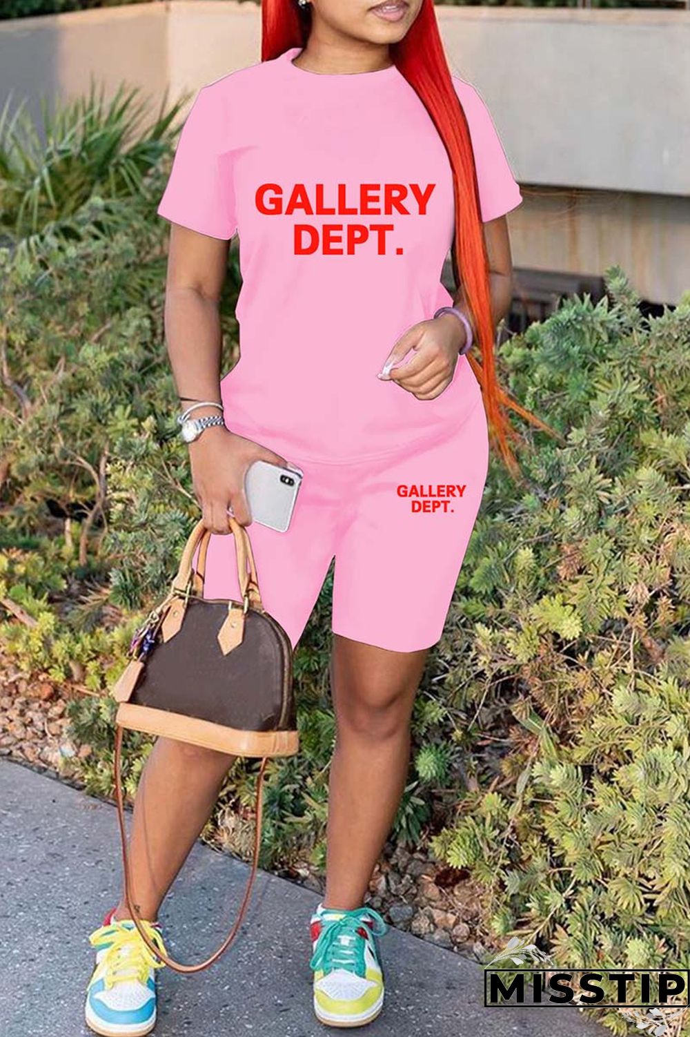 Green Casual Letter Print Basic O Neck Short Sleeve Two Pieces