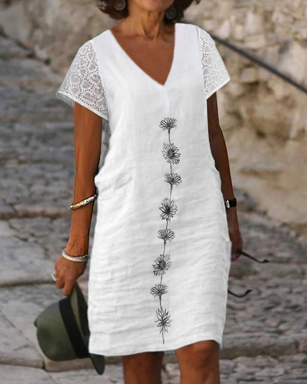 Elegant Lace V Neck Daisy Print Long Dress