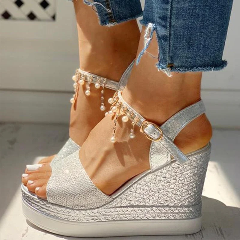  2022 New Women Wedge Sandals Summer Bead Studded Detail Platform Sandals Buckle Strap Peep Toe Thick Bottom Casual Shoes Ladies