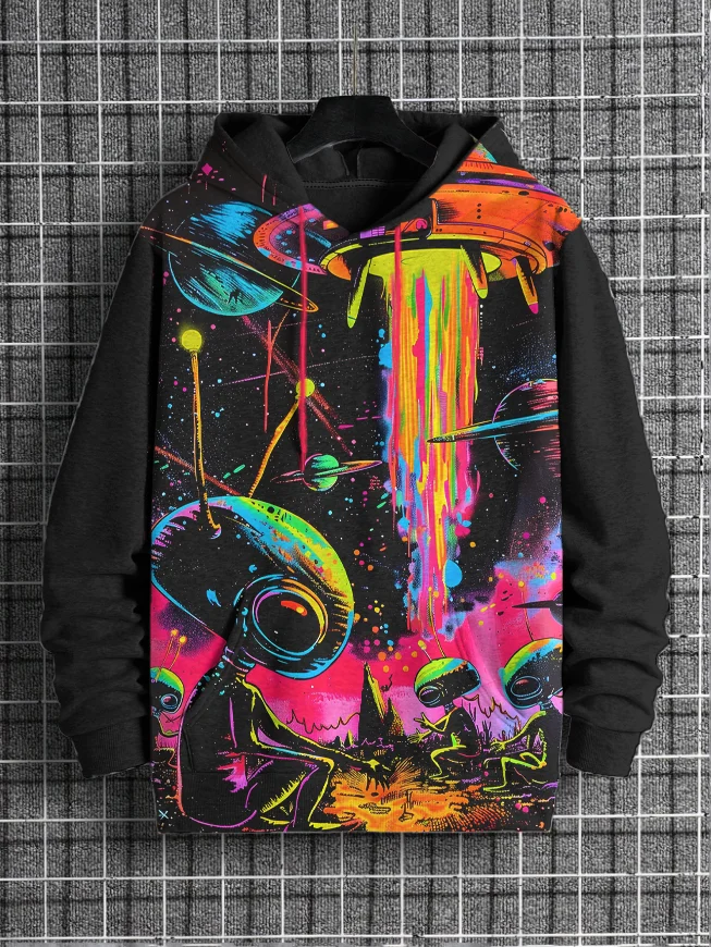 Men's Sci-Fi Art UFO Aliens Print Casual Hoodie