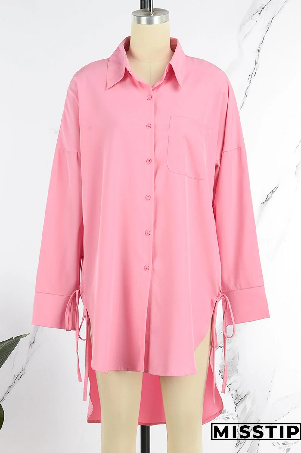 Pink Casual Solid Patchwork Shirt Collar Tops