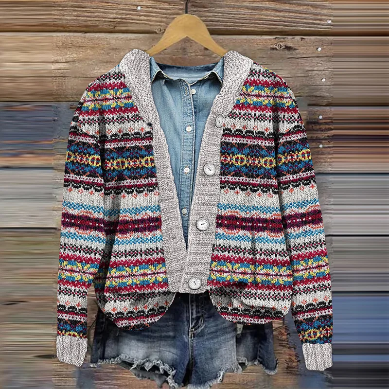 Vintage Icelandic Pattern Print Cozy Button Sweater