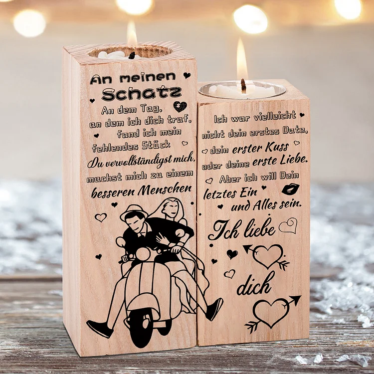 Quaderform Kerzenhalter-An meinen Schatz Ich will Dein letztes Ein und Alles sein- Holz Motorrad Teelichthalter für Paare