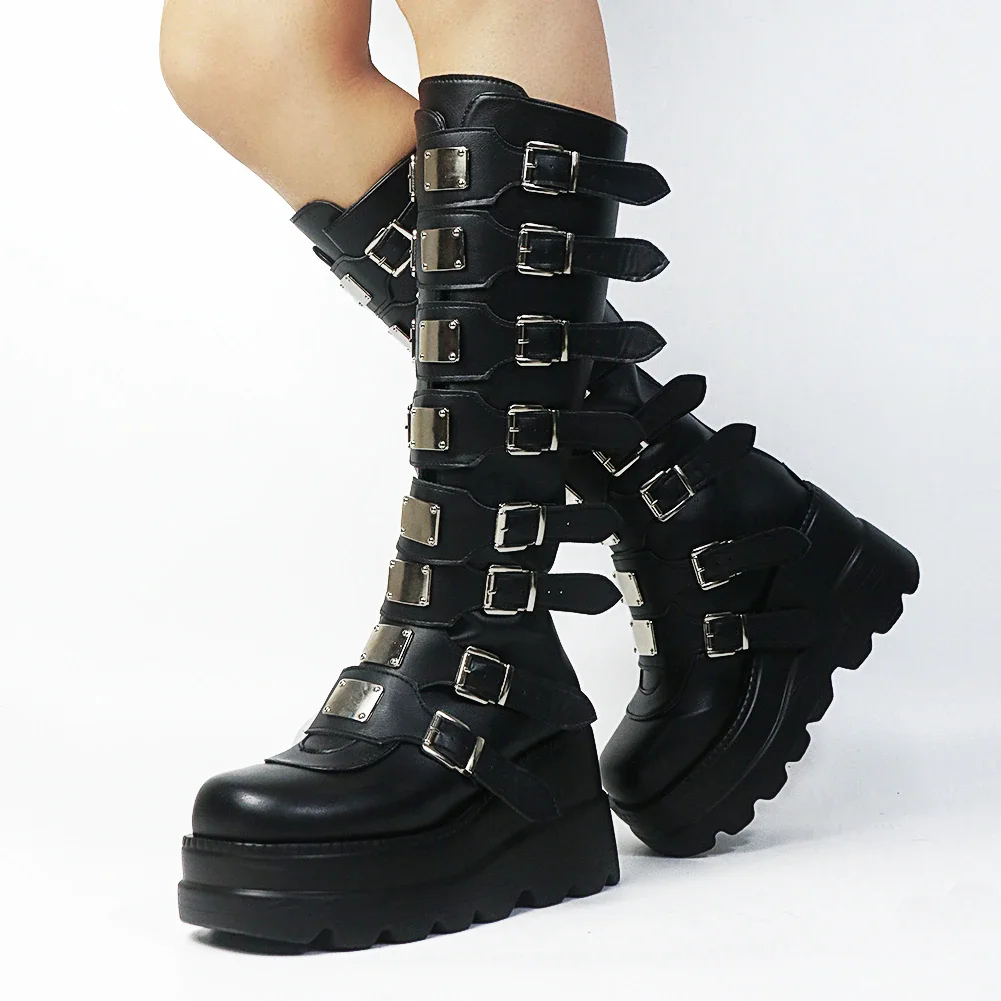 Qengg Punk Brand Platform High wedges women's knee high boots buckle zip cosplay black white over the knee boots shoes woman