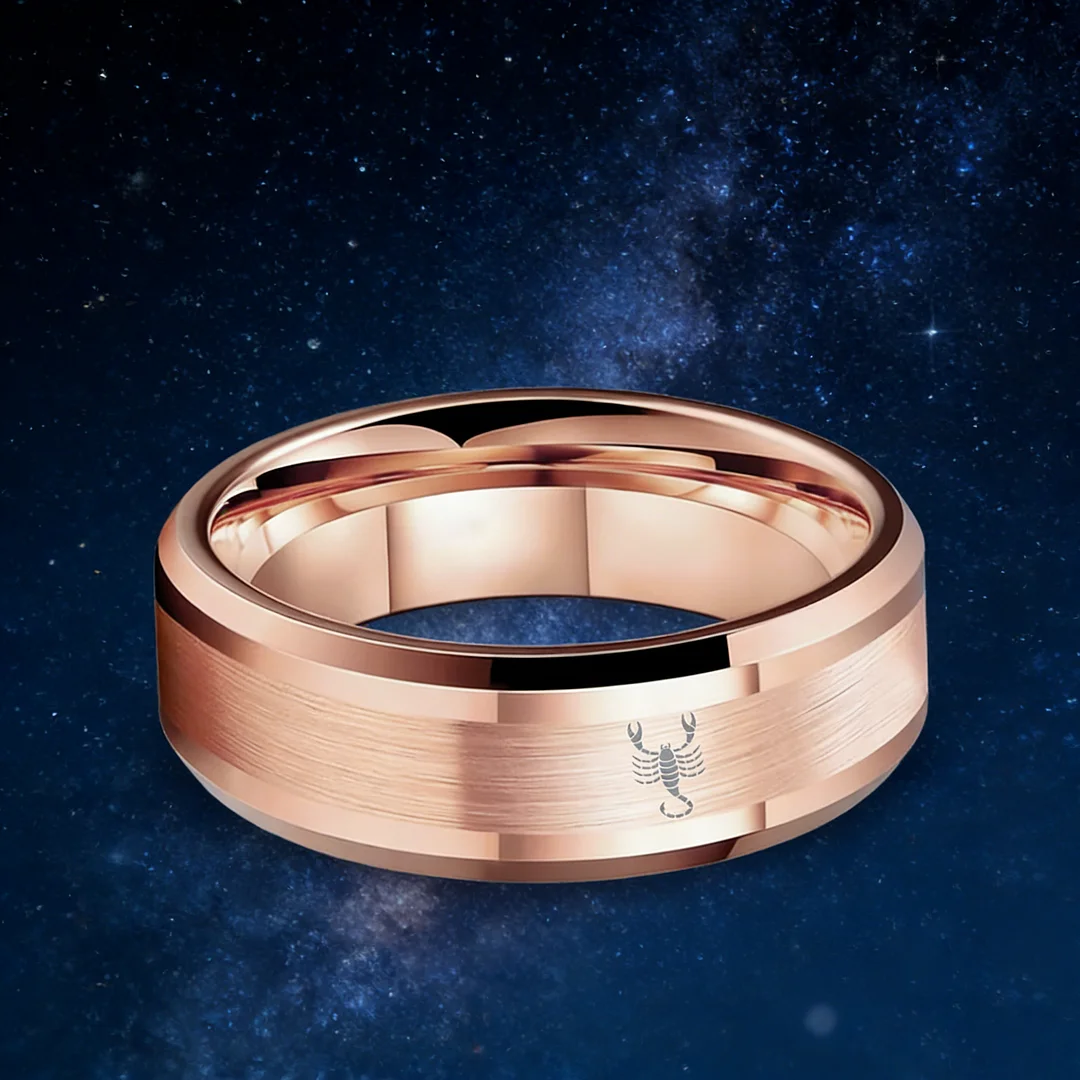 Rose Gold Scorpio Tungsten Wedding Rings Beveled Edges Rose Gold Laser Etched Couple Tungsten Carbide Ring 4MM 6MM 8MM Width