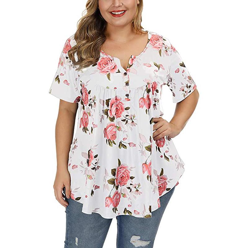  thdmladies V-neck button plus size printed T-shirt thedmladies